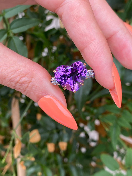 18K Gold Heart Amethyst & Ombre Sapphire Heart Ring