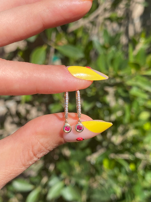 14K Gold Diamond Ruby Leverback Huggie Earrings