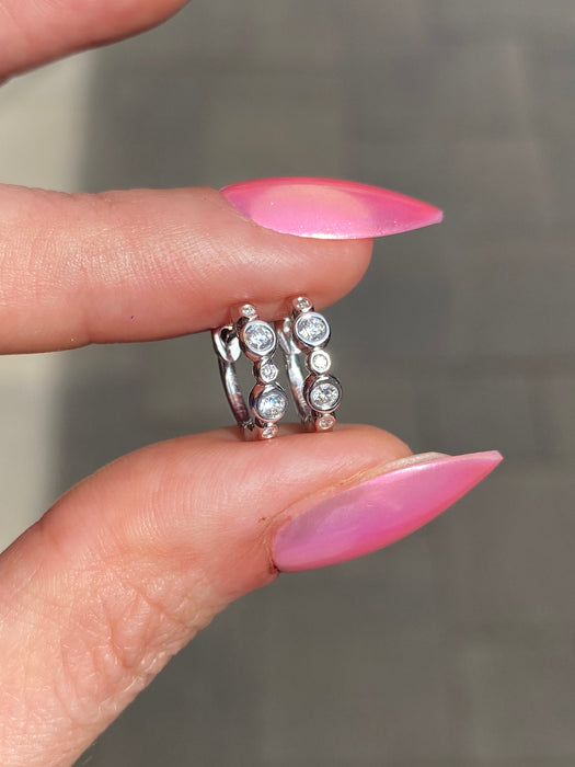 14K White Gold Bezel Set Diamond Huggie Earrings