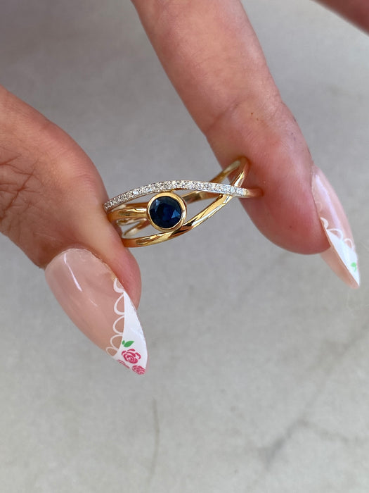 14K Gold Bezel-Set Blue Sapphire & Diamond Triple Band Ring