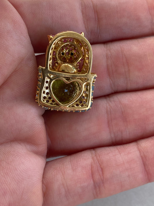 Vintage 18K Sapphire Peridot Cat Slider Charm