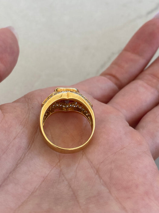 Vintage 18K Yellow Gold Natural Ruby Heart & Diamond Ring