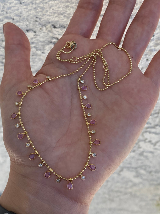 14k bead bezel set pink sapphire diamond necklace