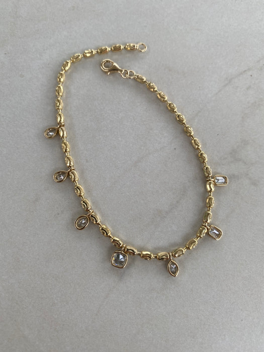 14K Gold Diamond-Cut Bead Bracelet with Lab Diamond Charm Drops