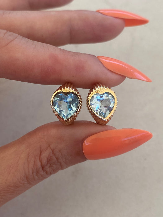 14K Gold Fluted Blue Topaz Huggie Earrings