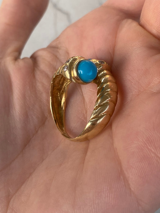 Vintage 14K Gold Turquoise & White Sapphire Bypass Ring