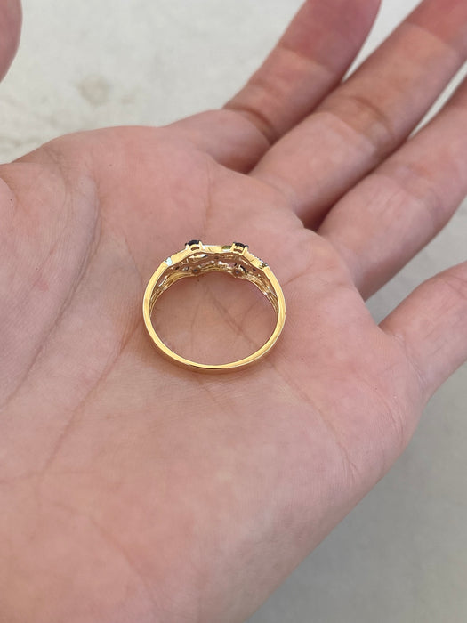 14K Gold Blue Sapphire & Diamond Triple Row Ring
