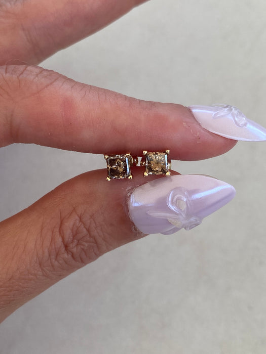 14K Gold Natural Brown Diamond Princess Stud Earrings
