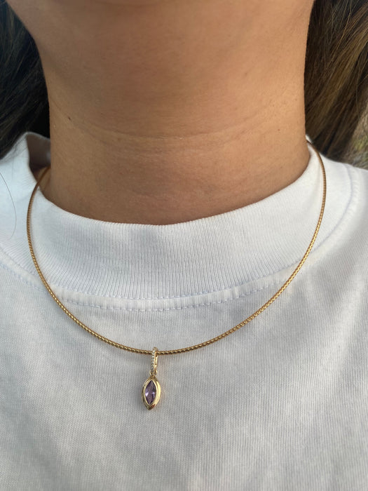 14K Gold Oval Marquise Amethyst & Diamond Double Bezel Charm