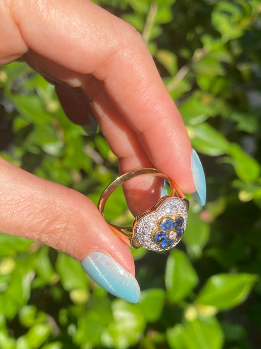 18k platinum diamond heart blue sapphire flower ring size 10.5