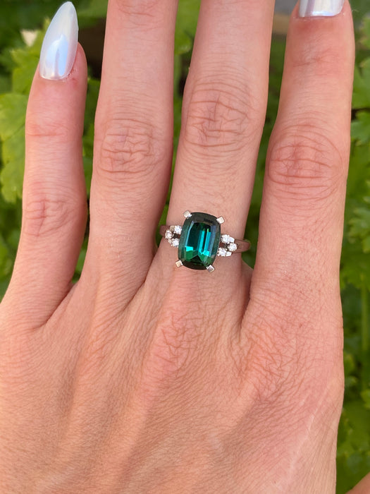 Vintage Platinum 900 Tourmaline Diamond Ring Size 6.5