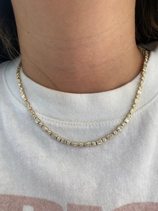 14K Gold 13 Carat Lab Diamond Mixed Cut Bezel Set Tennis Necklace | Pear, Marquise, Emerald & Round