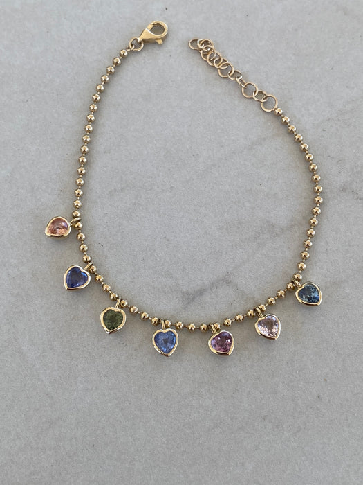 14K Gold Multi-Color Sapphire Heart Bead Bracelet