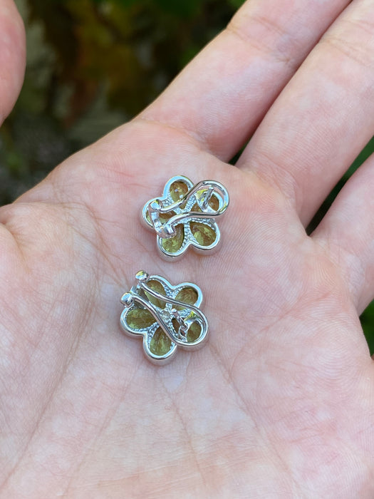 14k white gold diamond peridot flower omega back earrings