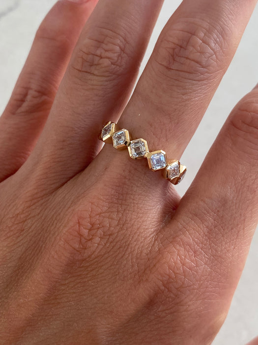 14K Gold Bezel Set Asscher Cut Lab Diamond Band Ring