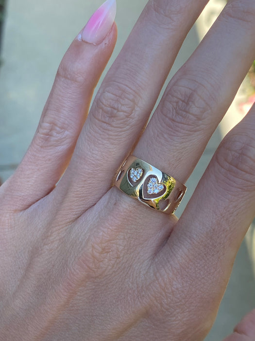 14K Gold Cigar Band Heart Cut Out Diamond Ring