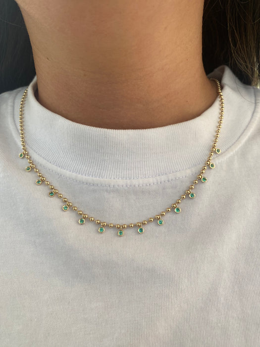 14K Gold Natural Emerald Charm Bead Necklace