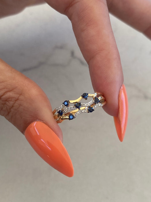 14K Gold Blue Sapphire & Diamond Triple Row Ring