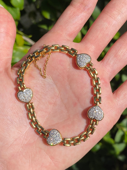 Vintage 18K Gold Panther Link Diamond Heart Bracelet