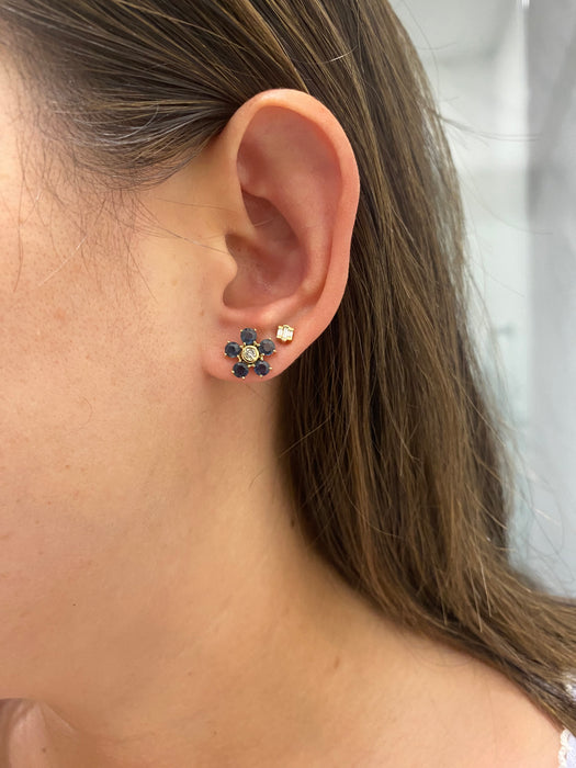 14K Gold Blue Sapphire & Diamond Flower Stud Earrings