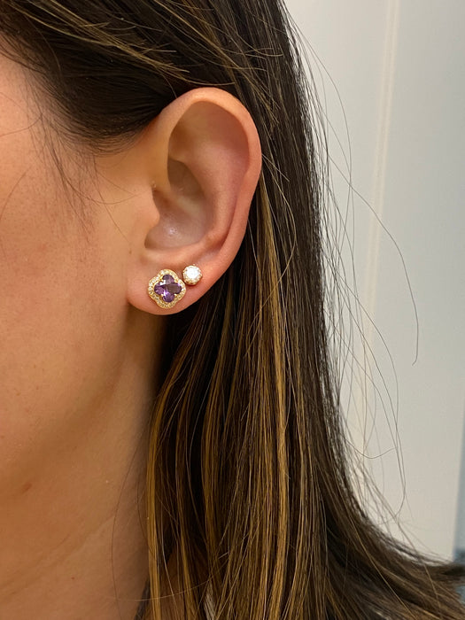 14K Gold Amethyst Clover & Diamond Stud Earrings – 2.11 CTW Amethyst, 0.27 TCW Diamonds