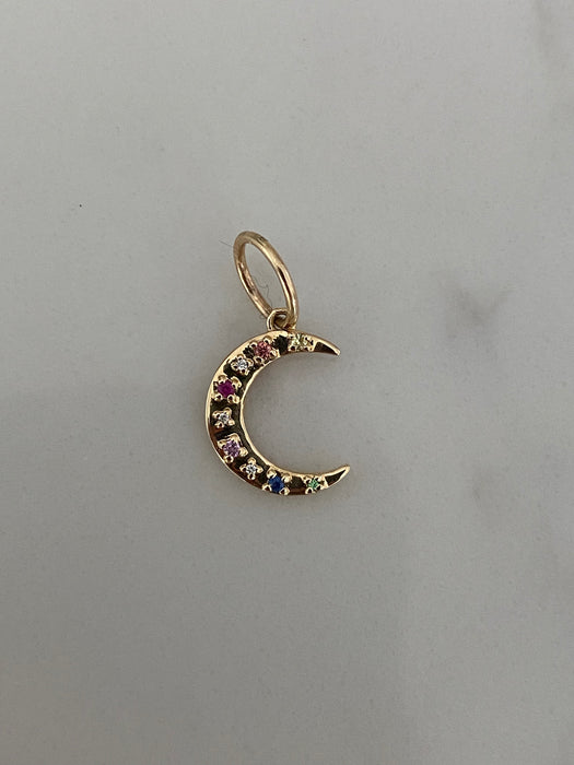 14K Gold Diamond & Rainbow Sapphire Moon Charm
