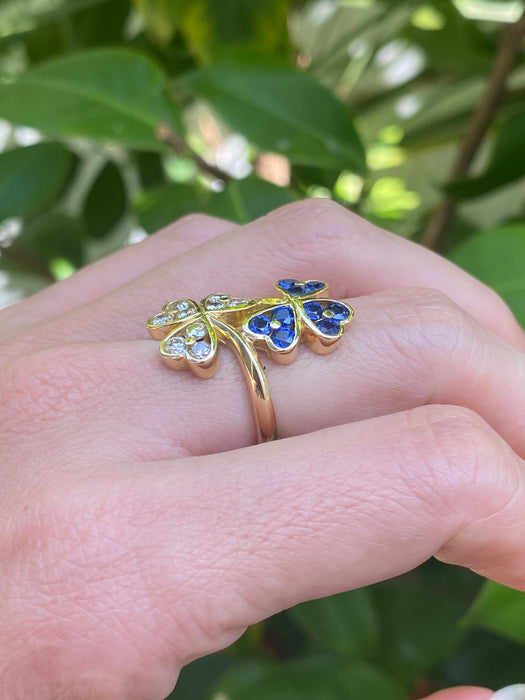 18k diamond blue sapphire clover bypass ring size 5