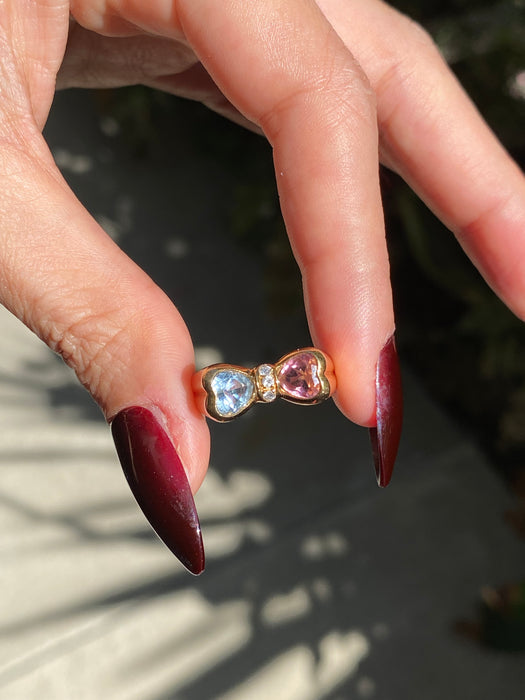 18k pink tourmaline aquamarine heart diamond bow ring size 6.5