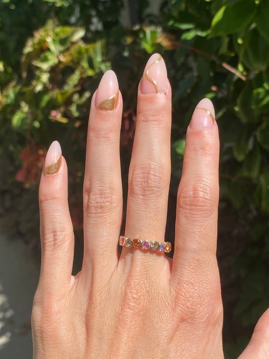 14k rainbow sapphire bezel heart eternity ring size 7.5