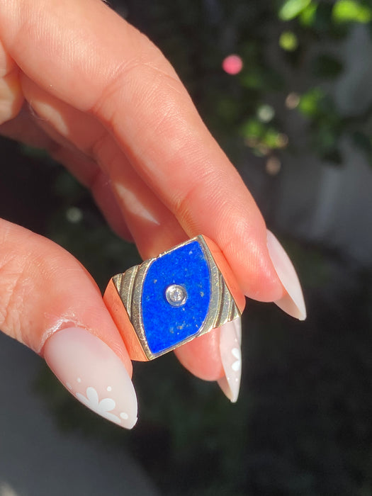Vintage 14K Gold Lapis Lazuli Signet Ring with Diamond Center – Size 9.75