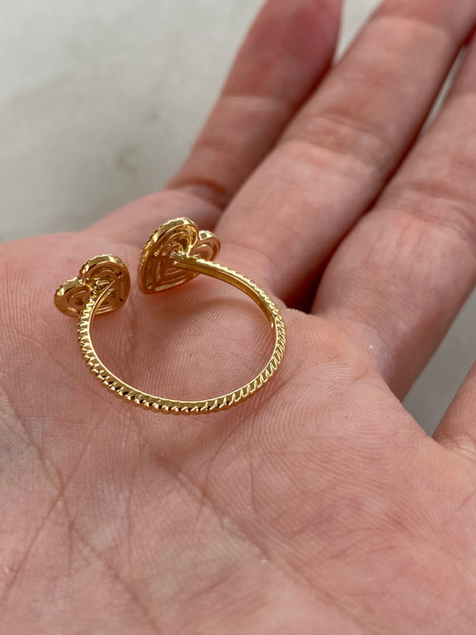 14K Yellow Gold Diamond & Ombre Pink Sapphire Double Heart Croissant Ring