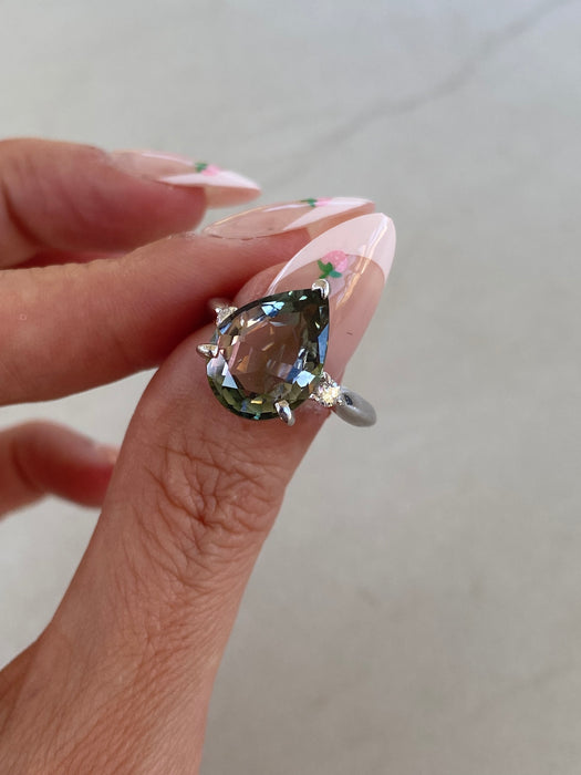 Vintage Platinum 900 Mermaid Tourmaline & Diamond Ring