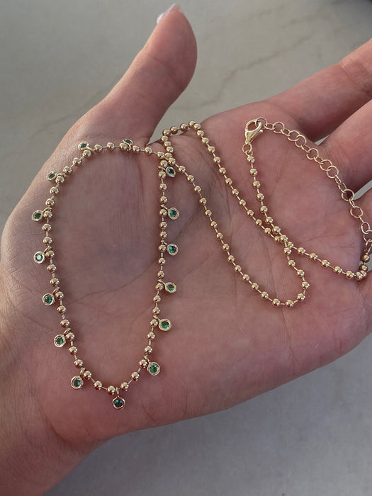 14K Gold Natural Emerald Charm Bead Necklace