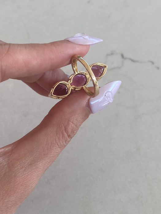 14K Gold Rubellite Tourmaline Three-Stone Vertical Ring