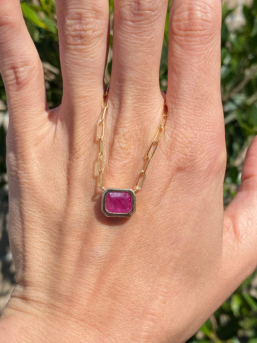 14K Gold Bezel Set Ruby Paperclip Necklace