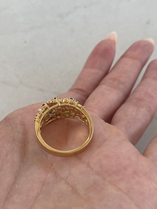 Vintage 18K Multicolor Gemstone & Diamond Floral Ring