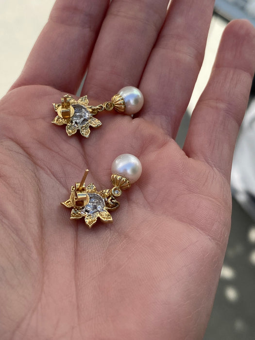 18k brushed diamond sun pearl earrings