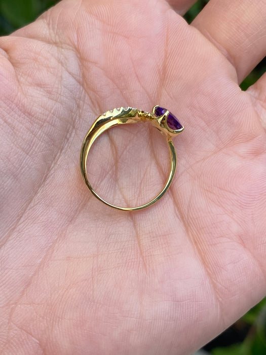 Vintage 18K Gold Amethyst & Diamond Ring – Size 6.25