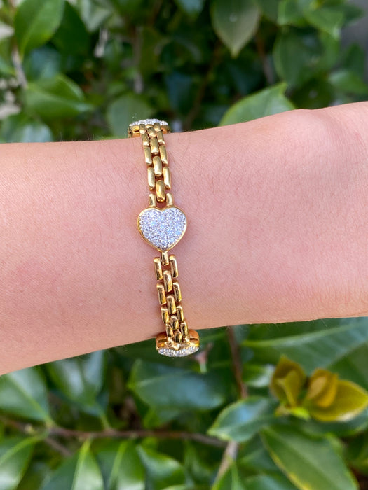 Vintage 18K Gold Panther Link Diamond Heart Bracelet