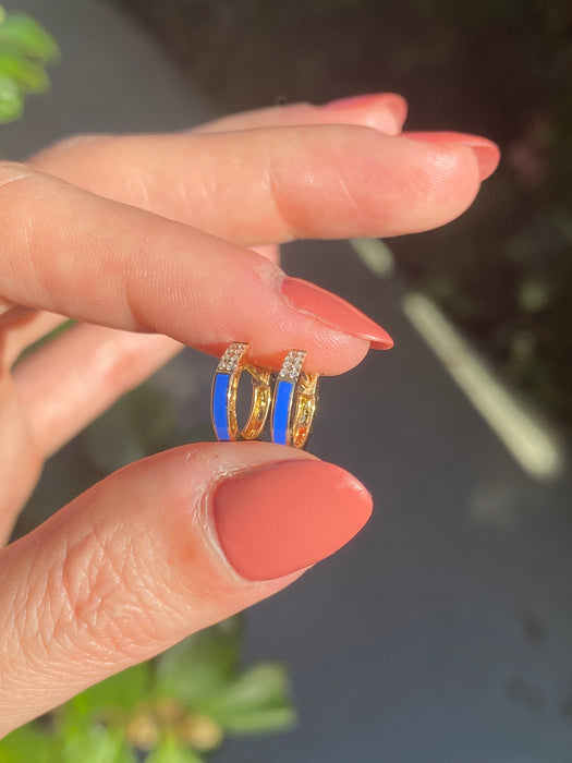 14k blue enamel diamond huggie earrings