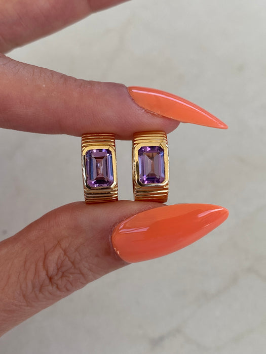 14K Gold Reversible Emerald Cut Amethyst Fluted Huggie Earrings