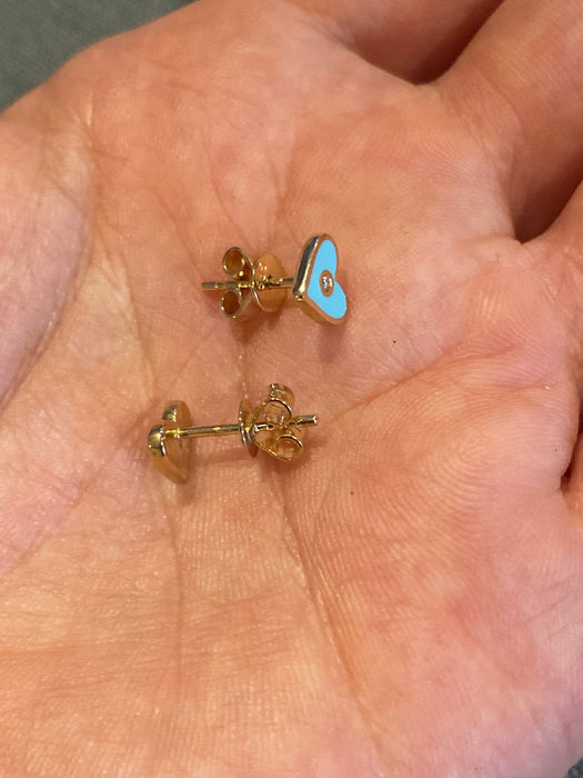 14k turquoise diamond heart enamel stud earrings
