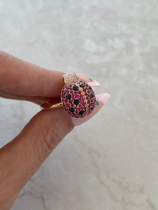 18K Rose Gold Ruby & Diamond Ladybug Ring with Hidden Opal