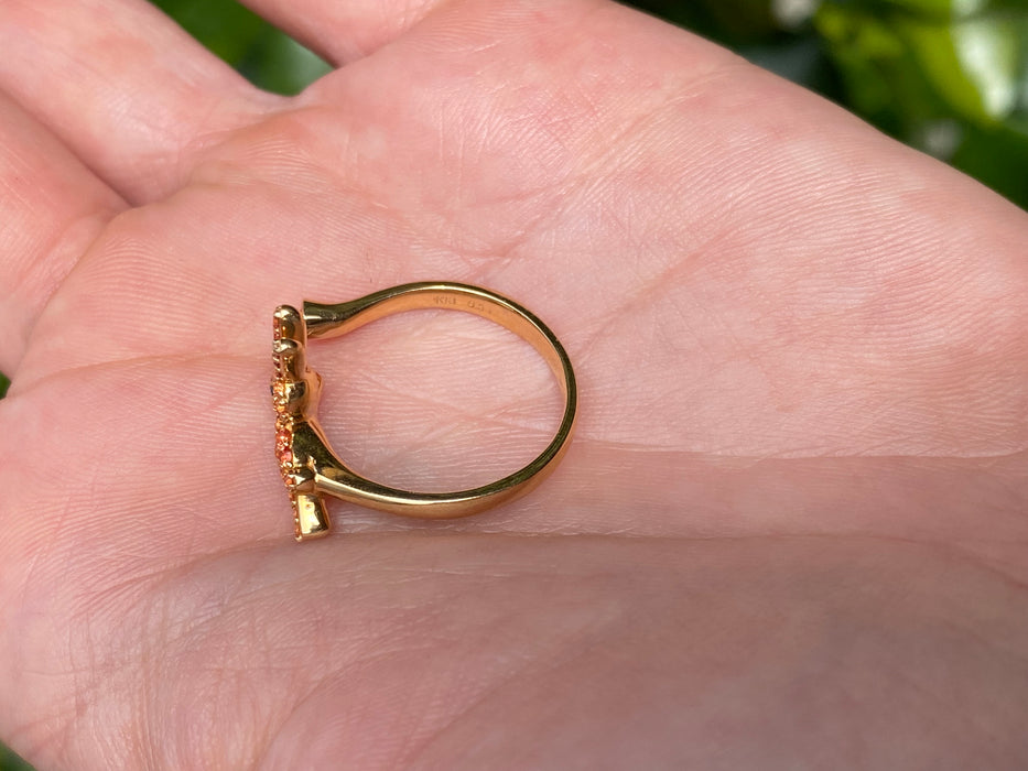 Vintage 18K Gold Orange Sapphire Rabbit Ring with Black Diamond Eye & Emerald Accent
