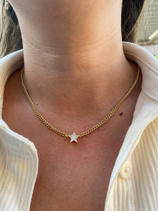14K Gold Natural Diamond Star Curb Necklace
