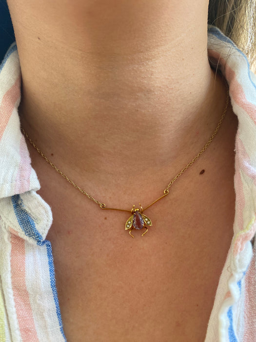 9k amethyst seed pearl fly necklace Singapore chain 16.25”