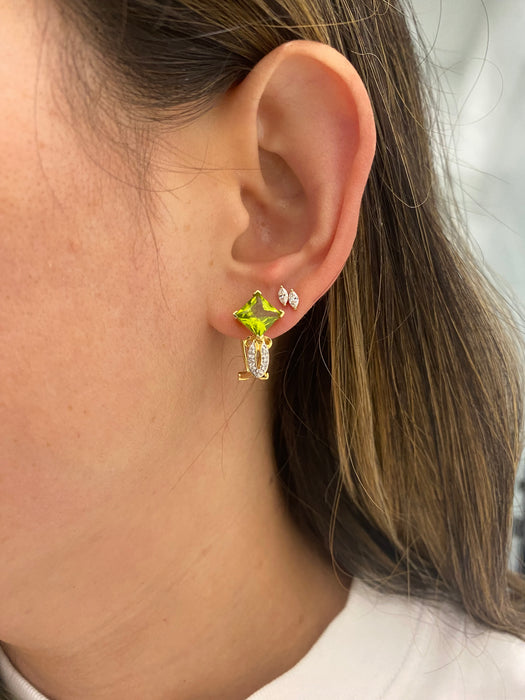 Vintage 14k Gold Peridot and Diamond Omega Back Earrings | Princess Cut Peridot