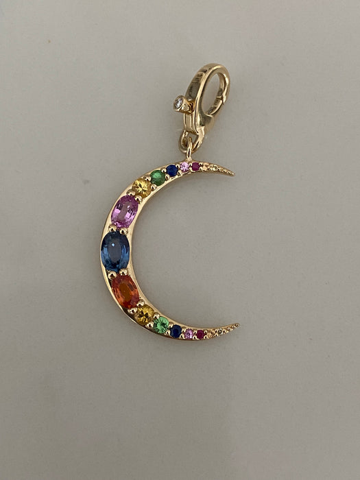 14K Gold Sapphire & Diamond Crescent Moon Charm