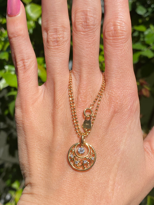 Vintage 18K Gold Bead Diamond Moon Pendant Necklace
