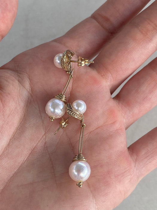 Vintage 14k Gold Double Pearl Rope Dangly Earrings
